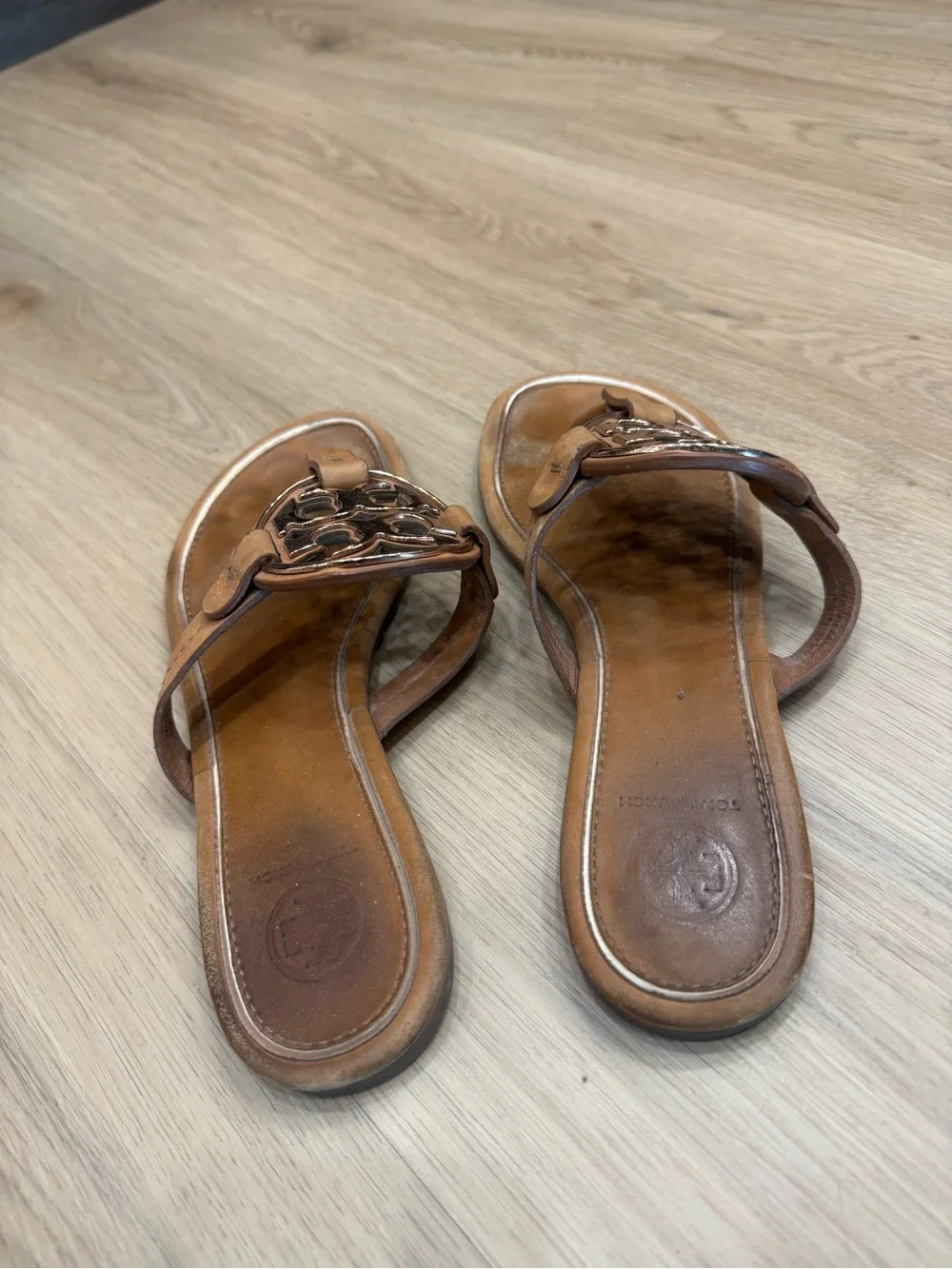 Tory Burch brown sandals with rose gold hardware